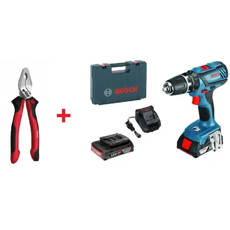 Markenware BOSCH GSB 18-2-LI Plus Akku-Schlagbohrschrauber + Wiha Kombinationszange 0615990K2R