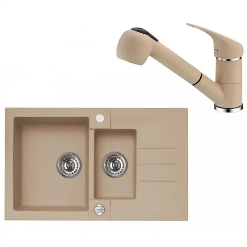 Heißes Angebot ALVEUS Set ROCK 70 Granitspüle 780x480 mm + Küchenarmatur AM 20, beige