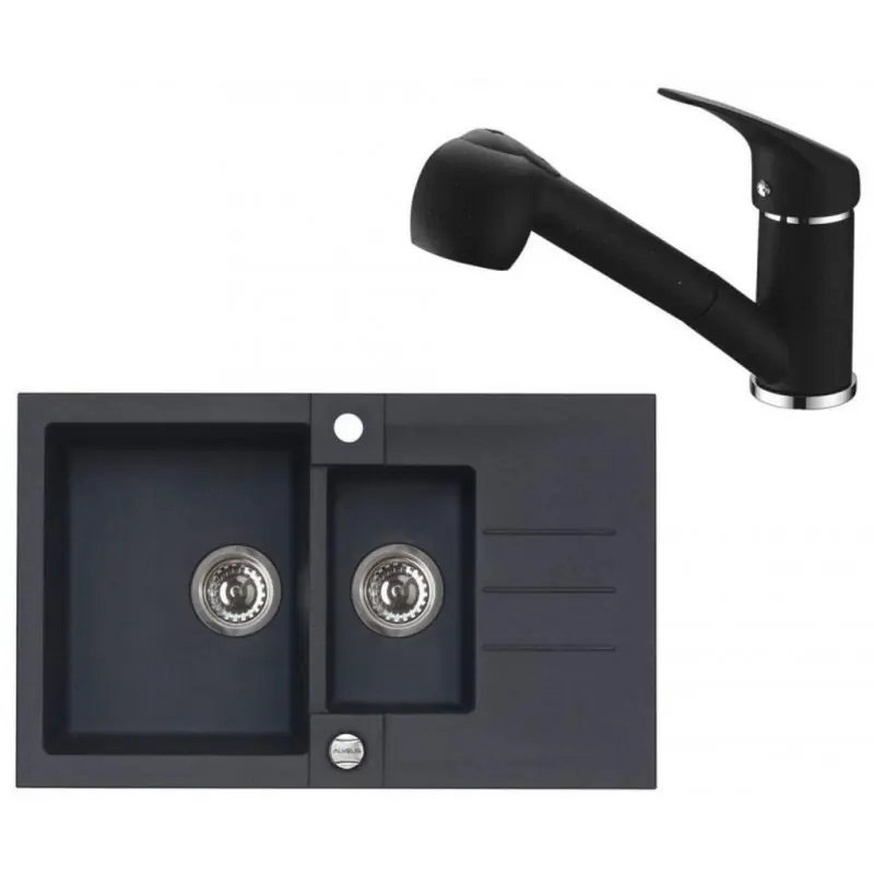 Garantierte Lieferung ALVEUS Set ROCK 70 Granitspüle 780x480 mm + Küchenarmatur AM 20, schwarz