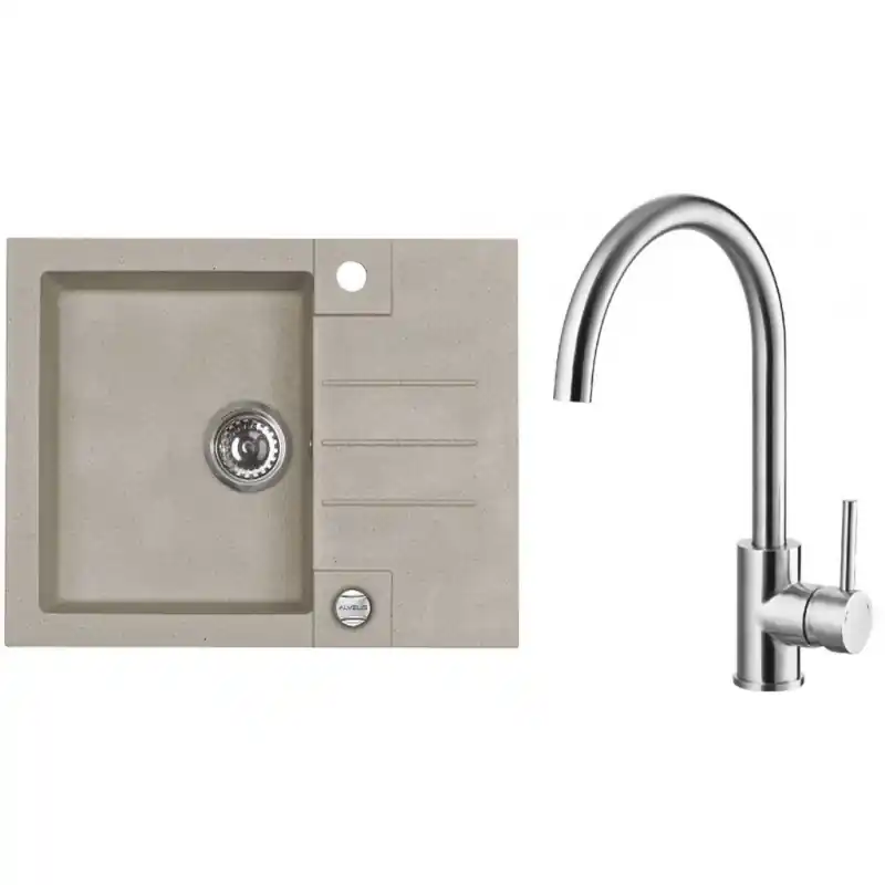 Direktkauf ALVEUS Set ROCK 30 Granitspüle 595x475 mm + Küchenarmatur ELZA, Pebble 02 + Edelstahl