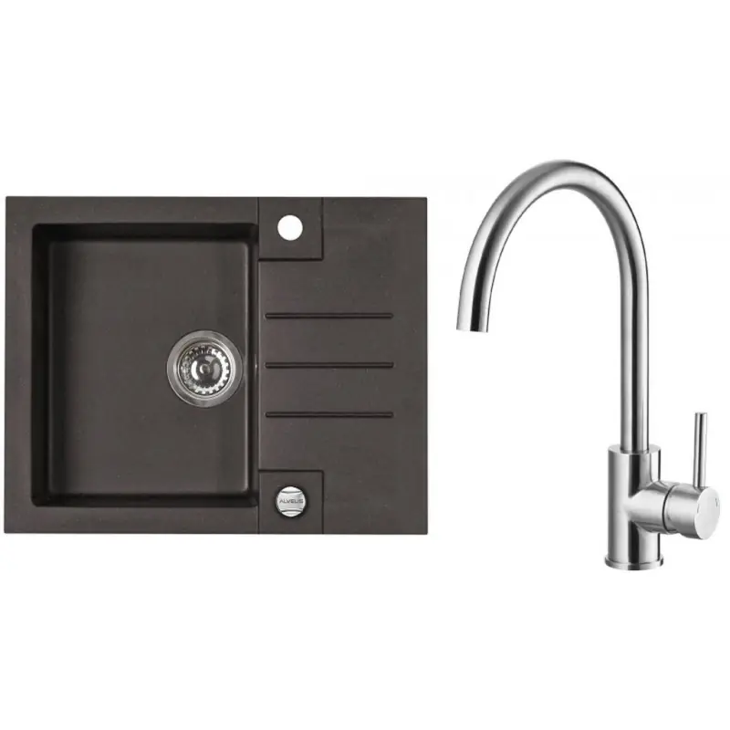 Preiswert ALVEUS Set ROCK 30 Granitspüle 595x475 mm + Küchenarmatur ELZA, Chocolate 03 + Edelstahl