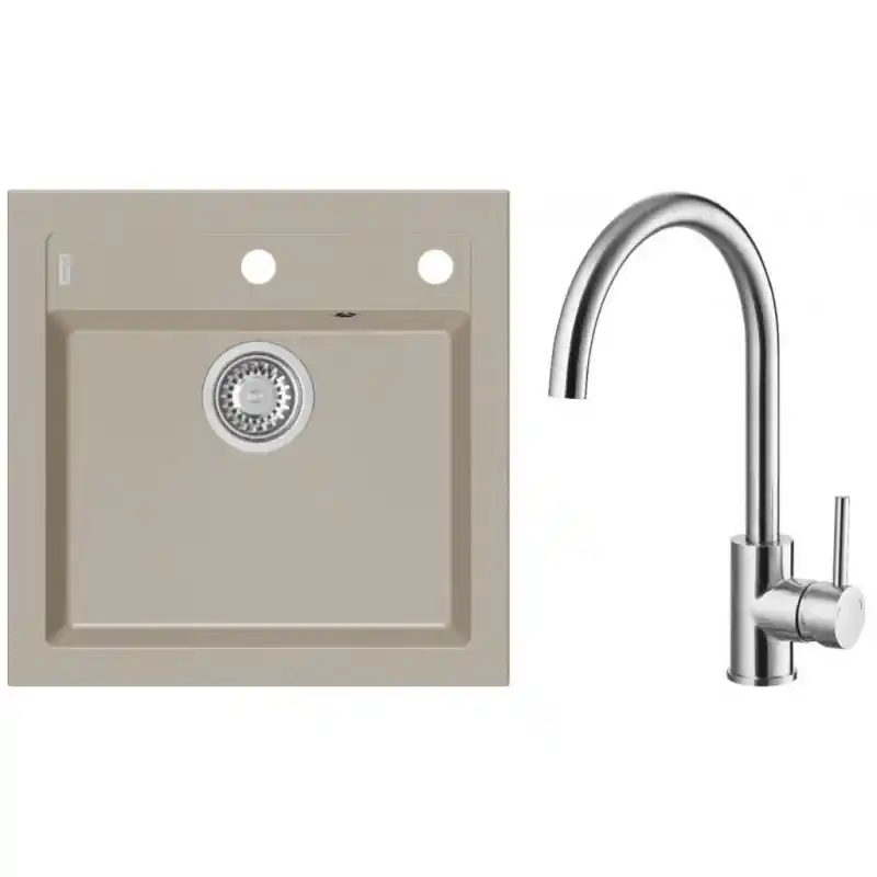 Preisreduziert ALVEUS Set FORMIC 20 Granitspüle 520x510 mm + Küchenarmatur ELZA, Pebble 02 + Edelstahl