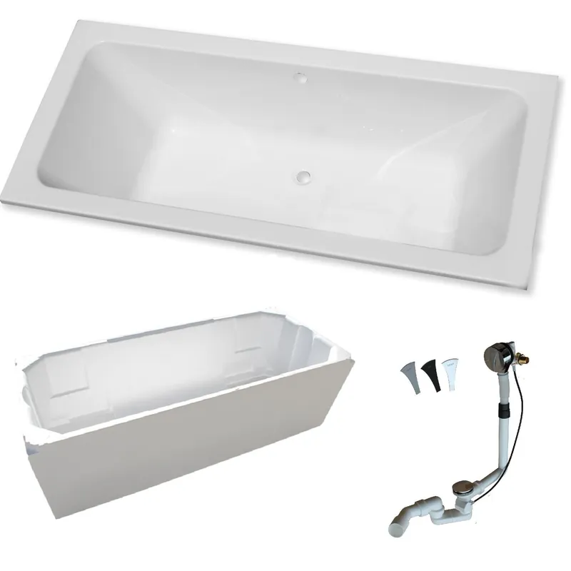 Rechteck Badewanne "T200" 180 x 80 cm mit Träger und Ab-/Über-/Einlaufgarnitur Top-Angebot