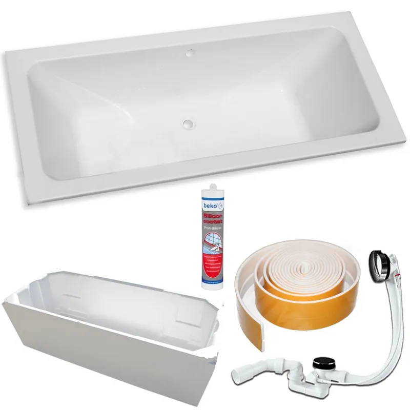 Sonderangebot Acryl Badewanne T200 180 x 80 cm mit Träger + Ablaufgarnitur + Silikon + Set