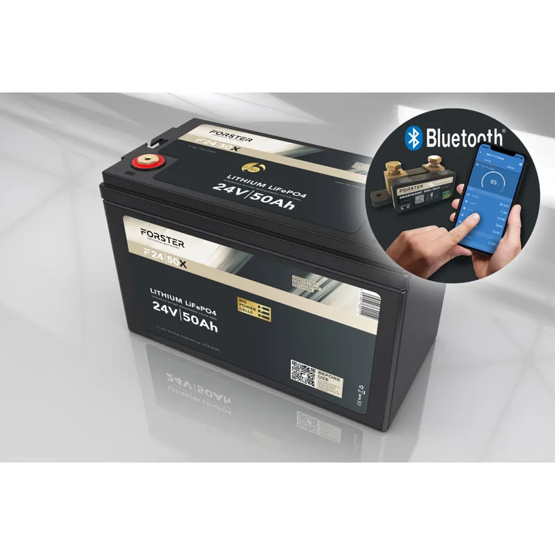 FORSTER 50Ah 25,6V LiFePO4 Premium Batterie 200A-BMS-2.1 500A Bluetooth Mess-Shunt 1280Wh IP67 Neu