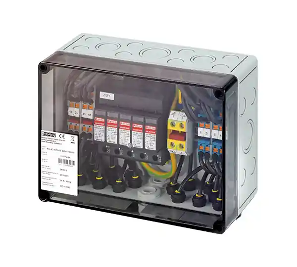 Abverkauf Phoenix Contact Überspannungsschutz-Box 2 MPPT, Typ 1+2 je 2 x In / Out, I max je 20 A, SUNCLIX