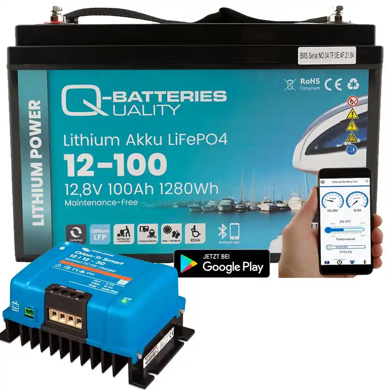 Beliebt Q-Batteries Lithium Akku 12-100 12,8V 100Ah 1280Wh LiFePO4 Batterie mit Victron Orion Ladegerät