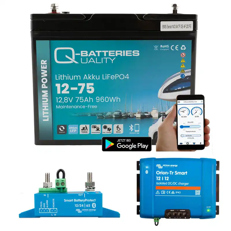 Schneller Versand Q-Batteries Lithium Akku 12,8V 75Ah mit Victron Orion-Tr 12/12-18A DC/DC