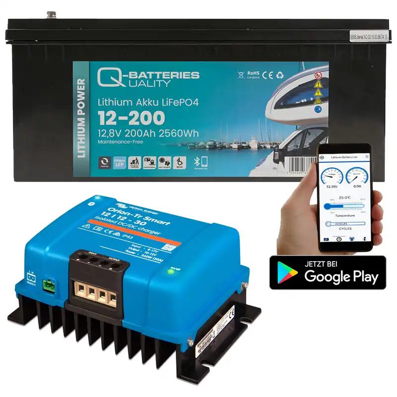 Q-Batteries LiFePO4 12,8V 200 Ah mit Victron Orion-Tr Smart 12/12-30A Ladebooster Bestpreis