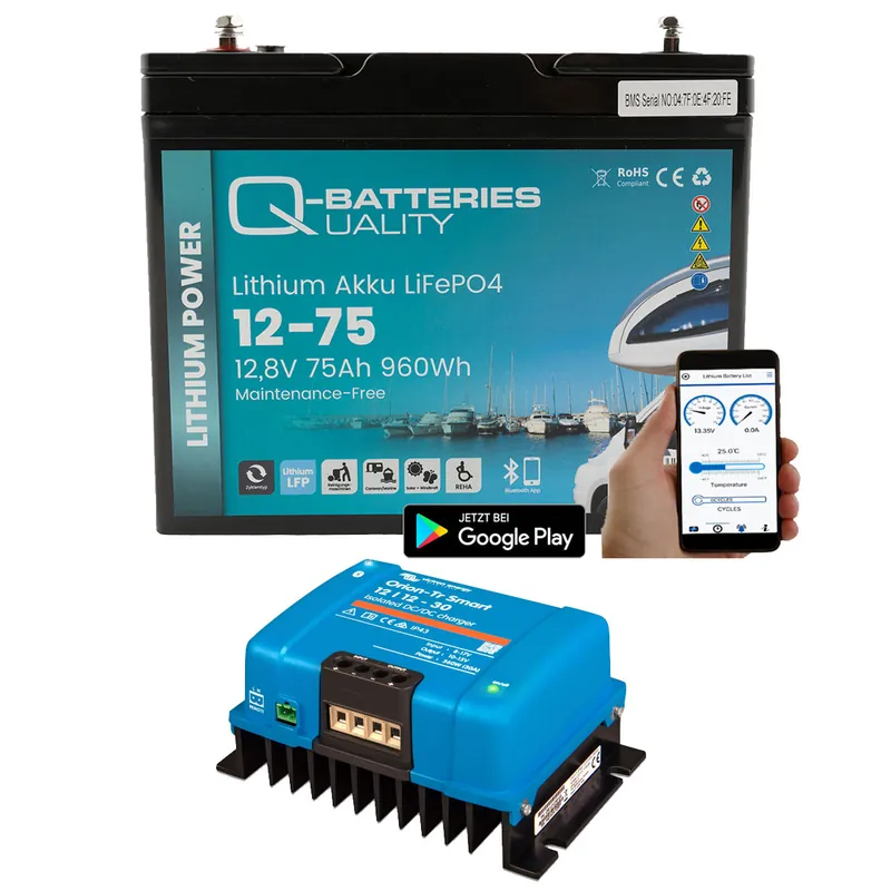 Q-Batteries LiFePO4 12,8V 75 Ah mit Victron Orion-Tr Smart 12/12-30A Ladebooster Letzte Chance