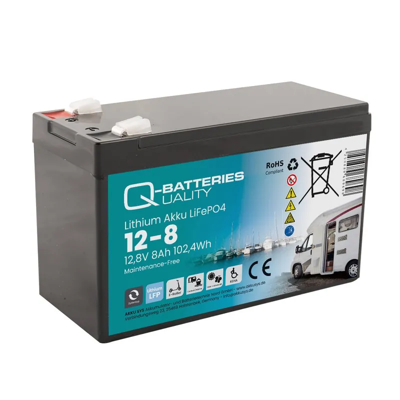 Q-Batteries Lithium Akku 12-8 12,8V 8Ah 102,4Wh LiFePO4 Batterie Echt