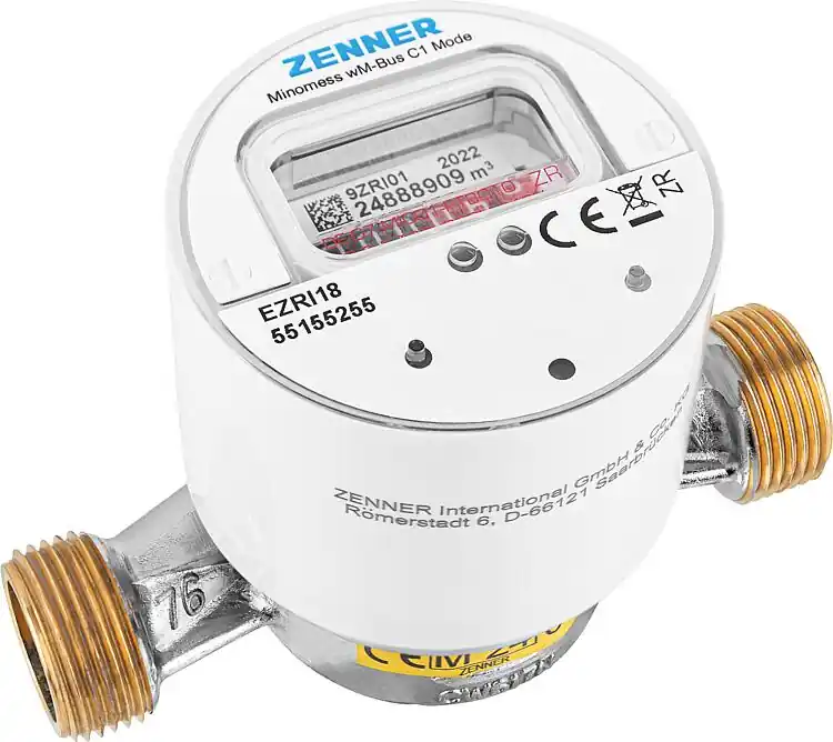 Echt Funk AP- Warmwasserzähler Zenner Typ Minomess 90°C Q3 2,5, BL=110mm DN15(1/2") R40HV 325 RK, wireless M-Bus