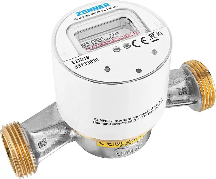 Funk AP- Warmwasserzähler Zenner Typ Minomess 90°C Q3 2,5, BL=130mm DN15(1/2") R40HV 325 RK, wireless M-Bus Highlight