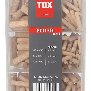 Bestpreis Holzdübel TOX Sortiment 190-teilig Boltfix wood 100x 6x30 mm, 50x 8x40 mm, 40x 10x40 mm, Riffeldübel aus massiver Buche