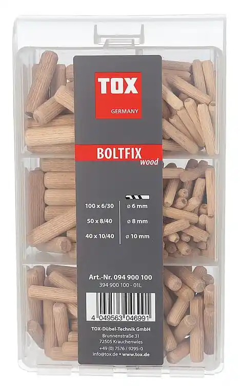 Bestpreis Holzdübel TOX Sortiment 190-teilig Boltfix wood 100x 6x30 mm, 50x 8x40 mm, 40x 10x40 mm, Riffeldübel aus massiver Buche