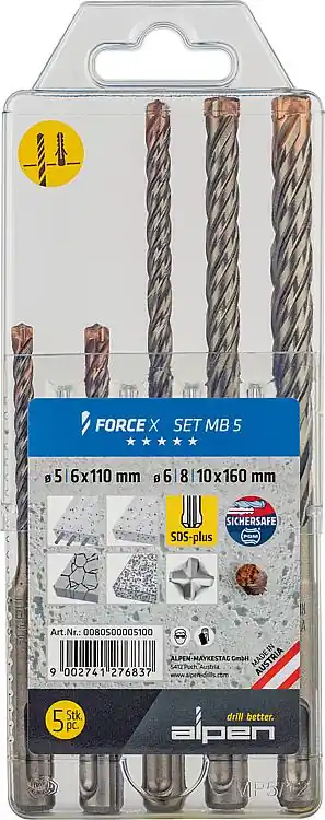 Echt Hammerbohrer Alpen SDS-Plus Force X, 5-6x110, 6-8-10x160 5-teilig