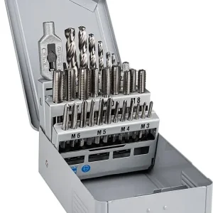 Finale Aktion Handgewindebohrersatz 15 teilig, mit Gewindebohrern M 3 - M 12 mit Spiralbohrer in Stahlblechkassette