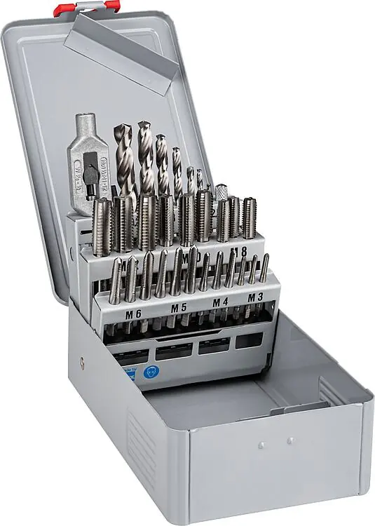 Finale Aktion Handgewindebohrersatz 15 teilig, mit Gewindebohrern M 3 - M 12 mit Spiralbohrer in Stahlblechkassette